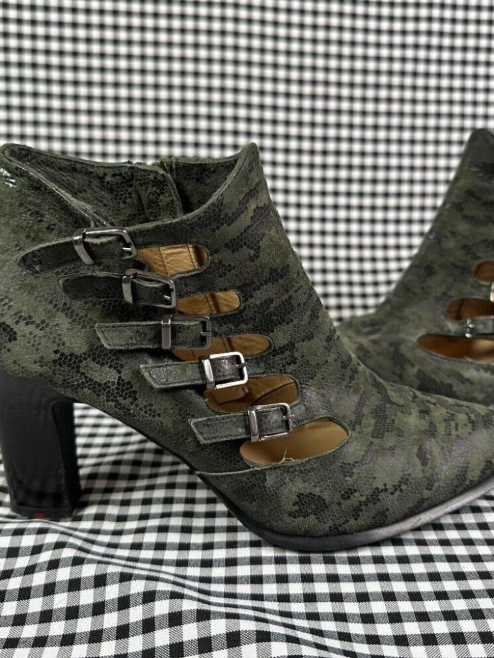 LLOYD Women’s Camo Leather Buckle Cutout Heeled Booties Boot EU 38.5 US 7.5